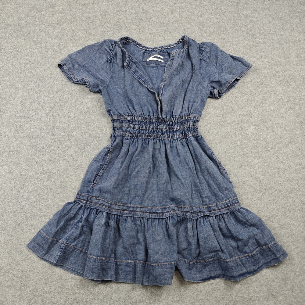 Anthropologie Dress Womens 2XS XXS Blue Denim Fit & Flare Short Smocked Ruffle